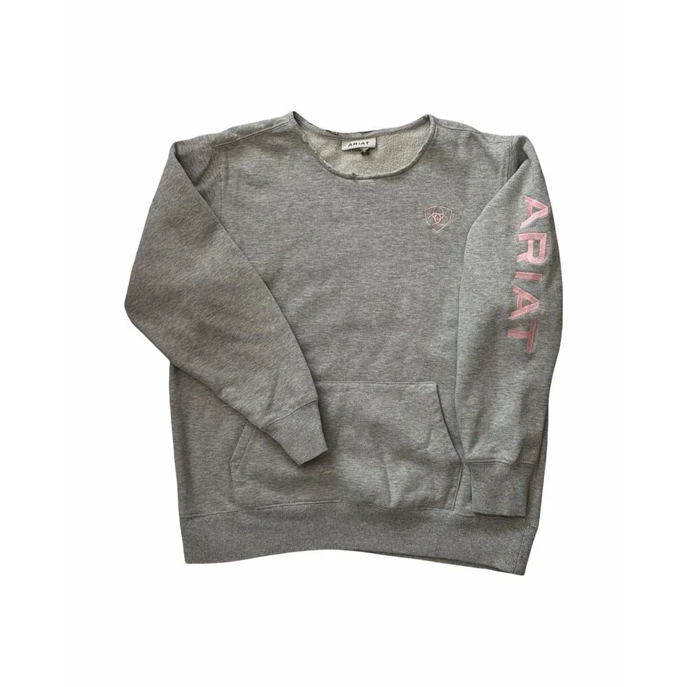 Ariat Women's Gray Fleece Pink Logo Pullover Sweatshirt Western See Measurements